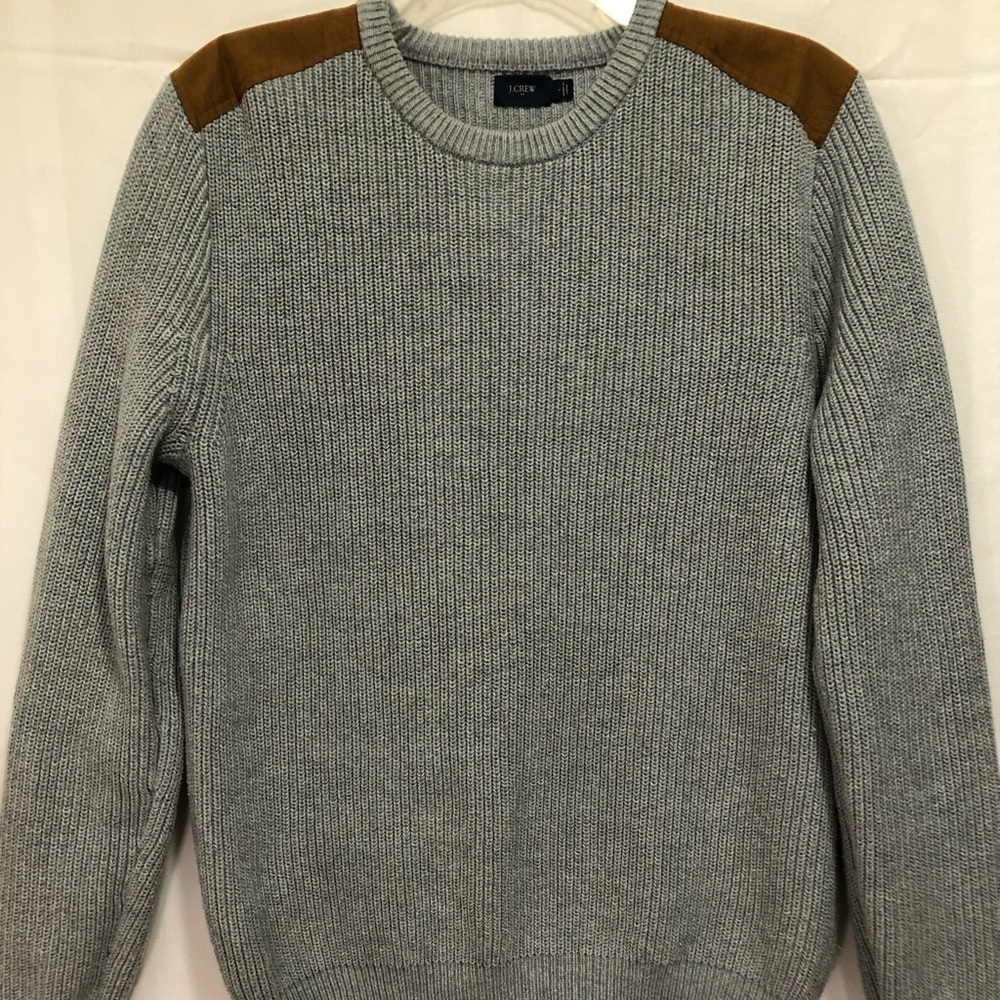 Men’s J.Crew Gray Heavy Sweater Pullover with Brown Suede Like Shoulder Patches